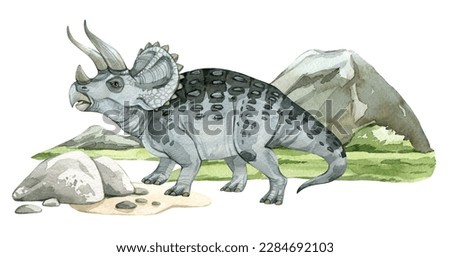 Watercolor dinosaur illustration with prehistoric landscape. Hand drawn Triceratops with mountains and grass. Detailed dino clipart for kids products. Children Encyclopedia of ancient animals.