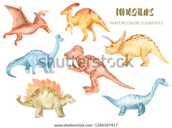 Watercolor dinosaurs prehistoric period. Seamless pattern. Illustration for kindergarten, wallpaper, cards, invitations, childish design.