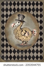 Watercolor Dodo bird in vintage style grunge diamond checker background
