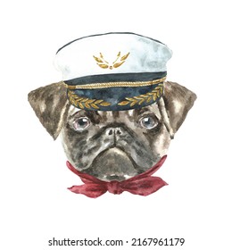 Watercolor dog breed pug illustration, dog head hipster portrait