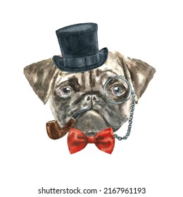 Watercolor dog breed pug illustration, dog head hipster portrait