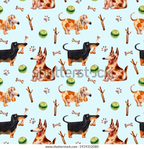 Watercolor dog pattern. Pet illustration. Animal\
portrait seamless texture. Pet toy pattern. Cute animals\
background. Wrapping paper print. Trendy animal textile print.\
Smily dog texture. Kids\
design.