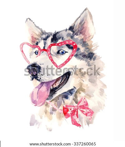 Watercolor dog in red  heart shaped glasses. Fashionable animal with a bow. Smart sheepdog with wise look. Unusual hand drawn illustration for fashion posters, print, T-shirt, banners, card design