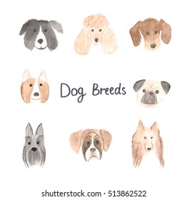 Watercolor Dog Set, Collection Of Different Breeds.
Illustration With Hand Drawn Lettering, Painted At White Background