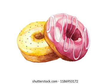 Watercolor donuts isolated on a white background,  illustration.