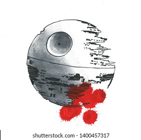 Watercolor Doodle Illustration Of The Death Star