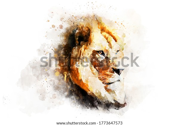 Watercolor painting - Bright portrait of a fire-like lion mural wallpaper design