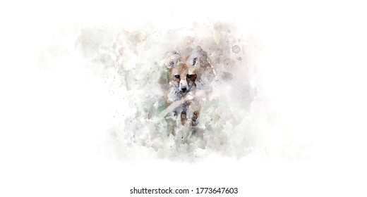 Watercolor Draw Style - Small Fox Hunting In The Fog