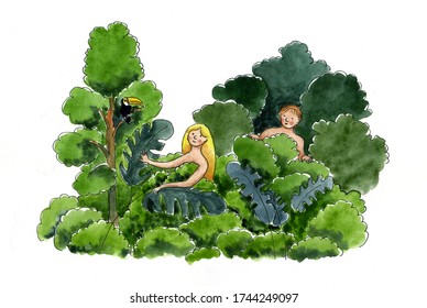 Watercolor drawing Adam and Eve in the Eden garden