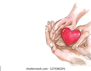 watercolor drawing adult and child hands holding red heart, health care, donate and family insurance concept,world heart day, world health day, CSR concept