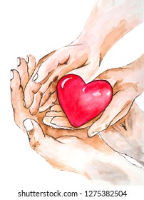 watercolor drawing adult   child hands holding red heart  health care  donate   family insurance concept world heart day  world health day  CSR concept