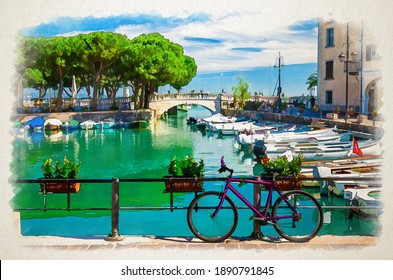 Dibujo acuático Bicicleta cerca de la valla del antiguo puerto Porto Vecchio con lanchas a motor en agua turquesa y puente veneciano en el centro histórico de Desenzano del Garda, Lombardía, Italia
