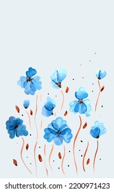 Watercolor Drawing, Blue Flowers, On A White Background, Vertical, No People,