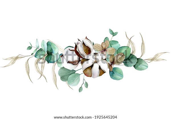watercolor drawing bouquet of dry herbs\
eucalyptus leaves and cotton flowers. divider for text, decoration\
for wedding, greeting card, invitation. autumn rustic composition\
of leaves and\
flowers