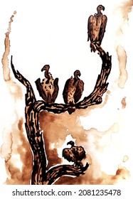 watercolor drawing in brown tones.  dry wood and 4 seated vultures on it.  drawing on a white background.