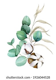 watercolor drawing by hands. a bouquet of cotton flowers, eucalyptus leaves and dried herbs. autumn, winter bouquet, decoration for wedding, greeting card, invitation. clipart isolated on white