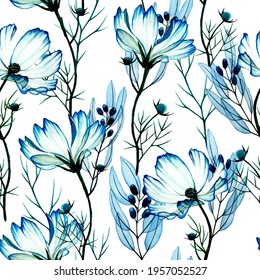 watercolor drawing by hands  seamless pattern and eucalyptus leaves   cosmos  chamomile flowers  transparent drawing blue leaves   wildflowers white background  print for fabric