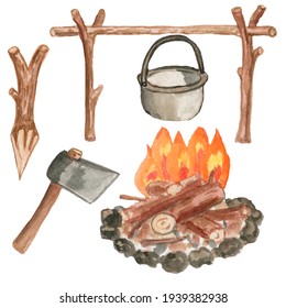 Watercolor drawing, camping. Outdoor recreation. Camping supplies. Fire, pot, kettle. Elements drawn by hand.