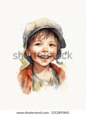 watercolor drawing of a child boy, portrait of a smiling happy boy in a pirate costume