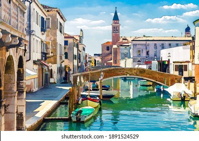 Watercolor drawing of Chioggia cityscape with narrow water canal with moored multicolored boats, old buildings, brick bridge and tower of San Giacomo Apostolo church, Veneto Region, Northern Italy