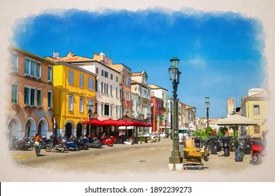 Watercolor Drawing Of Chioggia: Row Of Colorful Multicolored Buildings, Parking Bikes And Scooters On Main Street In Historical Town Centre, Blue Sky Background In Summer Day, Veneto Region