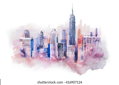 Watercolor Drawing Cityscape Big City Downtown, Aquarelle Painting