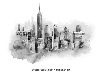 Watercolor Drawing Cityscape Big City Downtown, Aquarelle Painting