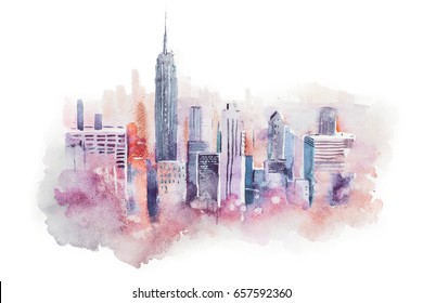 Watercolor Drawing Cityscape Big City Downtown, Aquarelle Painting.