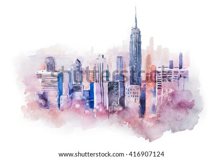 watercolor drawing cityscape big city downtown, aquarelle painting