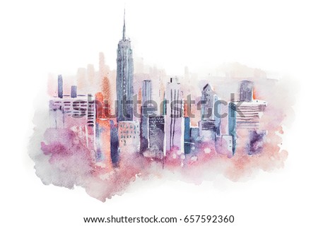 watercolor drawing cityscape big city downtown, aquarelle painting.