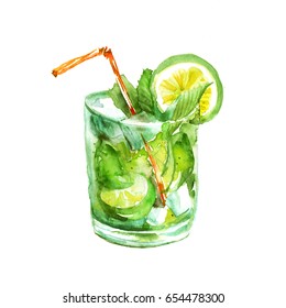 Watercolor Drawing - Cocktail Of Fruits, Circe, Lemon Slice, Lime, Mint, Ice. Cool Drink With Ice. On White Isolated Background. Mojito, Logo, Postcard, Card, Drawn By Hand Graphics