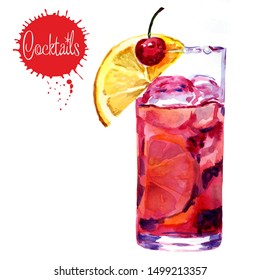 Watercolor drawing of a cocktail. Slice of lemon, cherry, ice cubes. Isolated objects on a white background.