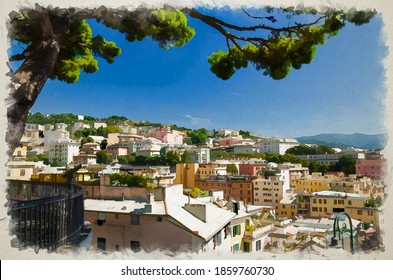Watercolor drawing of Colorful buildings on hill in city district of Genoa Genova and Ligurian Appennines mountain range with blue clear sky and tree, view from Belvedere Castelletto, Liguria, Italy