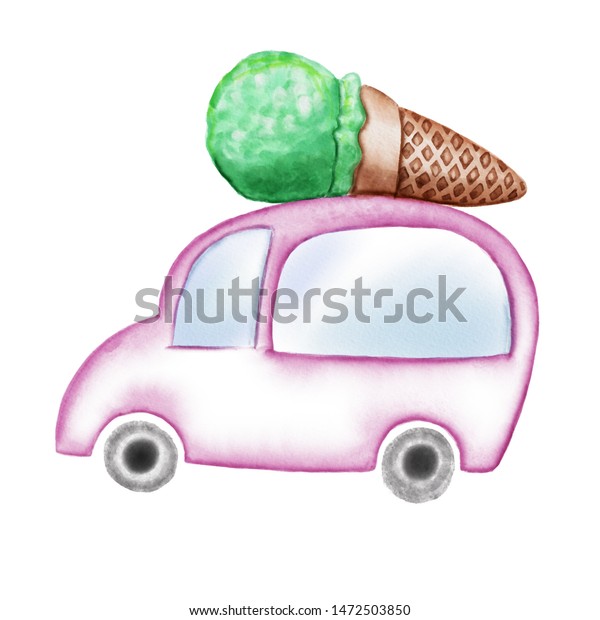 Watercolor drawing of colorful ice cream truck\
with service window. Transportation of iced desserts. Hand drawn\
painting on\
white.
