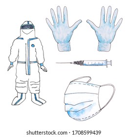 Watercolor drawing  covid 19    clothes doctors  protective medical suit  medical mask  gloves  syringe  for posters