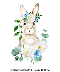 watercolor drawing cute easter bunny  rabbit   spring flowers  isolated white background clipart  decoration for the holiday white   blue flowers