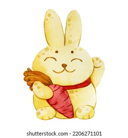 Watercolor Drawing. Cute Rabbit. Golden Hare Chinese New Year