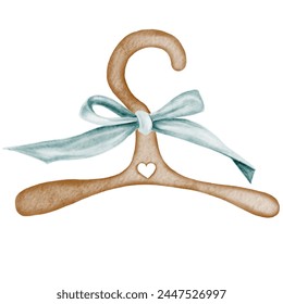 Watercolor drawing of a cute wooden hanger decorated with with blue vintage bow . Pretty illustration for baby shower invitations and cards and for the birth of a baby - Powered by Shutterstock