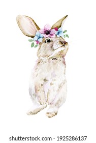 Watercolor Drawing Easter Bunny, Hare With A Wreath Of Flowers. Cute Rabbit Stands On Its Hind Legs Isolated On White Background, With Spring Flowers Of Pink And Blue Color. Clipart