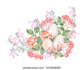 Watercolor drawing of Easter eggs with rose flowers and plant branches isolated on a white background. Hand-drawn illustration. Painting for postcards, prints, invitations, fabrics.