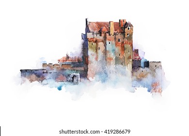 Watercolor Drawing Of Eilean Donan Castle In Scotland