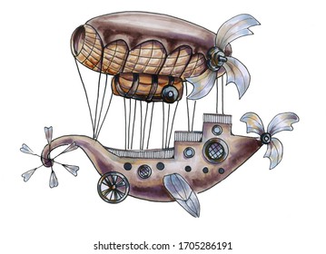 Watercolor drawing of a fantastic airship. Illustration of A flying machine in the steampunk style. Hand-drawn. Isolated on a white background. Air transport of the 19th century