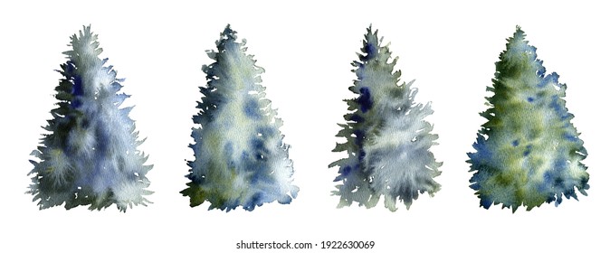 watercolor drawing fir trees silhouettes isolated at white background, natural elements, hand drawn illustration