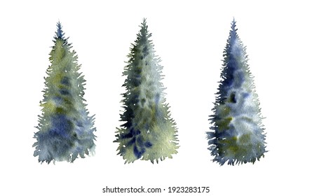 watercolor drawing fir trees silhouettes isolated at white background, natural elements, hand drawn illustration
