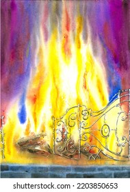 Watercolor Drawing Fire In The Fireplace