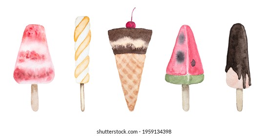 Watercolor drawing five varieties ice cream and popsicle cone   several fruit ice creams in form watermelon   yellow  and  white stick white background  Food illustration  Print bag 