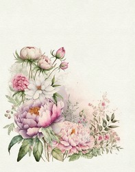 Watercolor Drawing Of A Flower Bouquet In Pastel Colors On Watercolor Paper, Greeting Card, Wedding Invitation