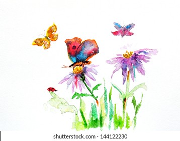 Watercolor Drawing Of A Flower With A Butterfly