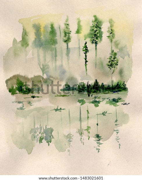 Watercolor Drawing Forest Landscape Trees Reflected Stock Illustration