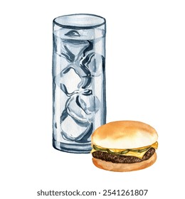 watercolor drawing fresh cheeseburger and glass with water and ice cubes, takeaway food, fastfood, , hand drawn illustration - Powered by Shutterstock